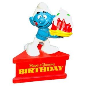 Have a yummy Birthday Smurf-A-Gram with stand Peyo Wallace Bernie, Vintage Smurf